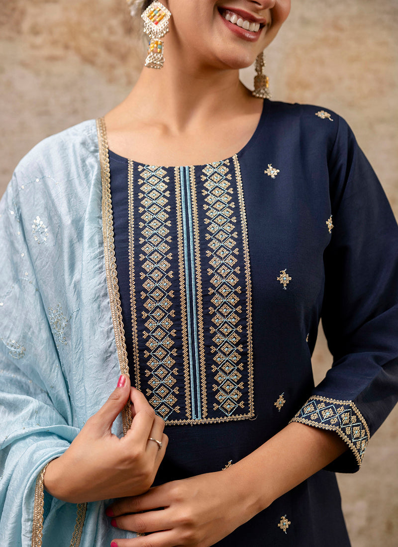 Vellora Silk Blend Navy Blue Party Wear Embroidery Work Readymade Salwar Suit | Grocsy