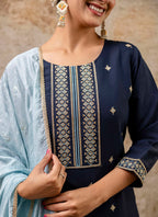 Vellora Silk Blend Navy Blue Party Wear Embroidery Work Readymade Salwar Suit | Grocsy