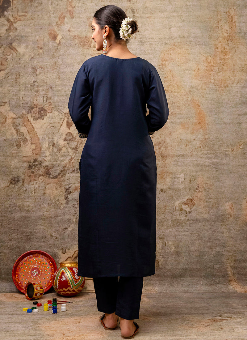 Vellora Silk Blend Navy Blue Party Wear Embroidery Work Readymade Salwar Suit | Grocsy