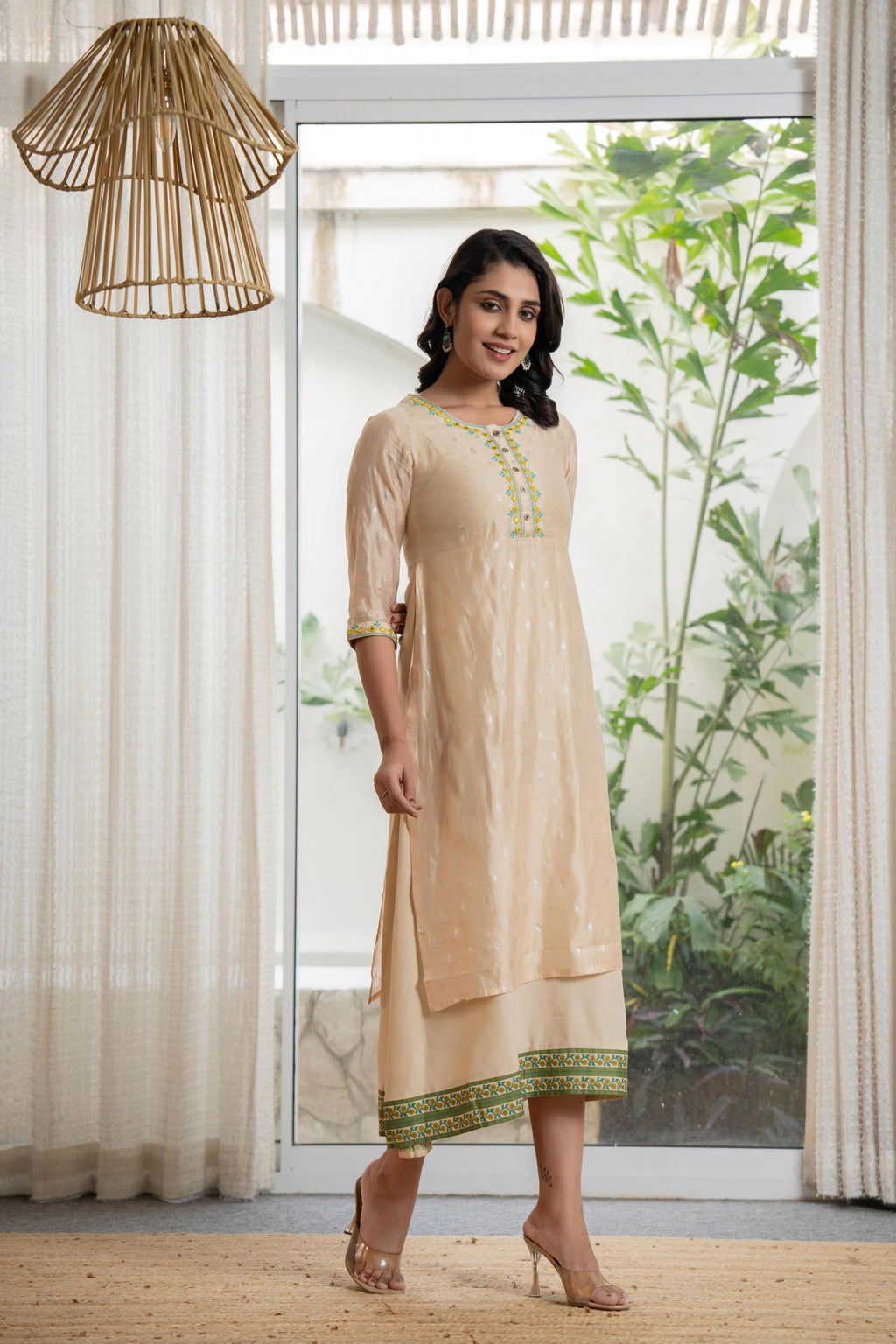 Juniper Women's Beige Soild Chanderi Dress & Inner With Thread & Mirror Work | Grocsy