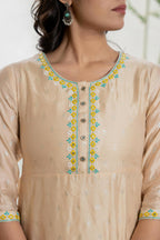 Juniper Women's Beige Soild Chanderi Dress & Inner With Thread & Mirror Work | Grocsy