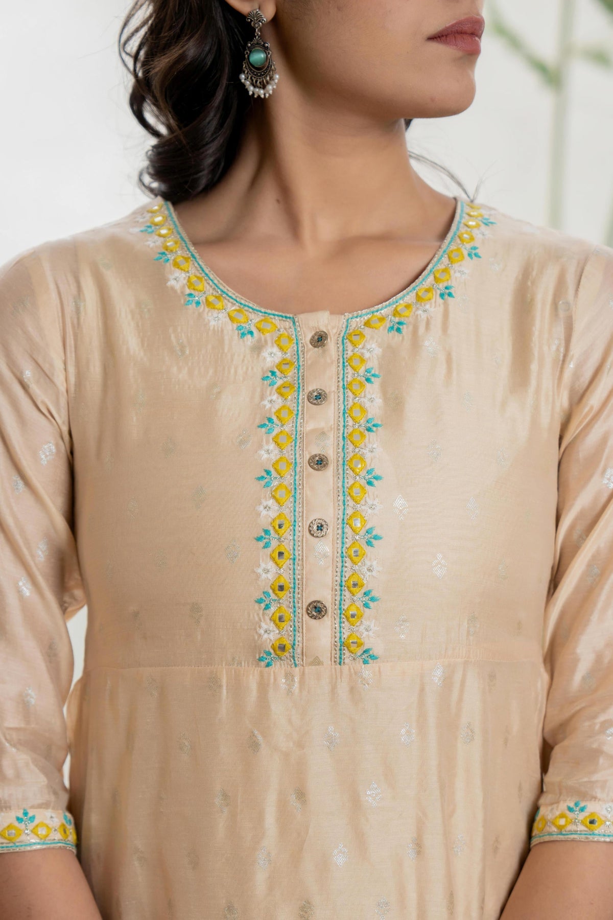 Juniper Women's Beige Soild Chanderi Dress & Inner With Thread & Mirror Work | Grocsy