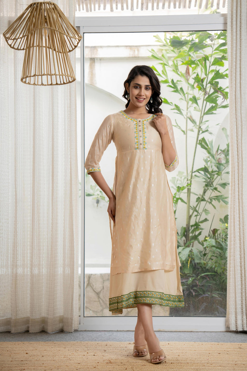Juniper Women's Beige Soild Chanderi Dress & Inner With Thread & Mirror Work | Grocsy
