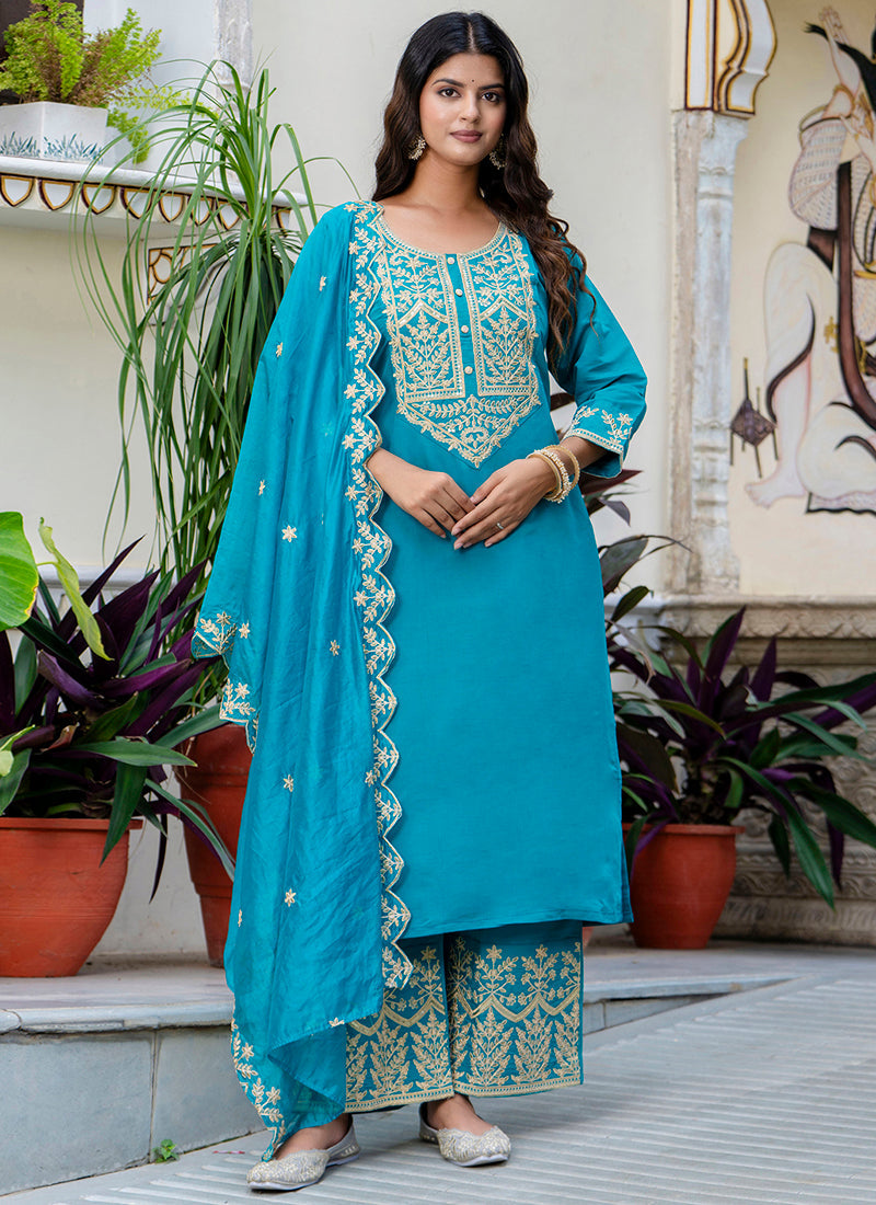 Vellora Silk Blend Blue Party Wear Embroidery Work Readymade Salwar Suit | Grocsy