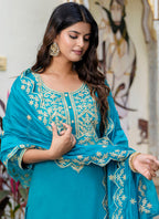 Vellora Silk Blend Blue Party Wear Embroidery Work Readymade Salwar Suit | Grocsy