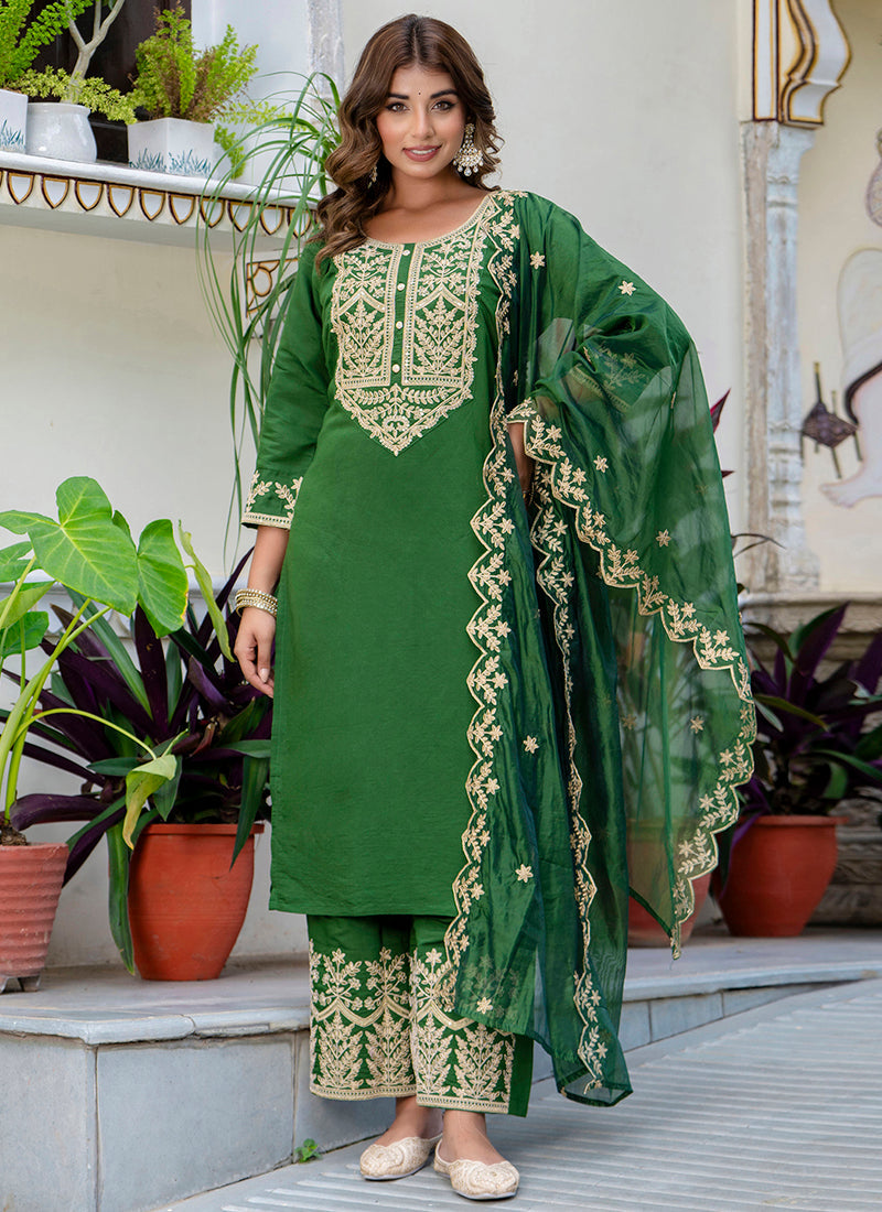 Vellora Silk Blend Dark Green Party Wear Embroidery Work Readymade Salwar Suit | Grocsy