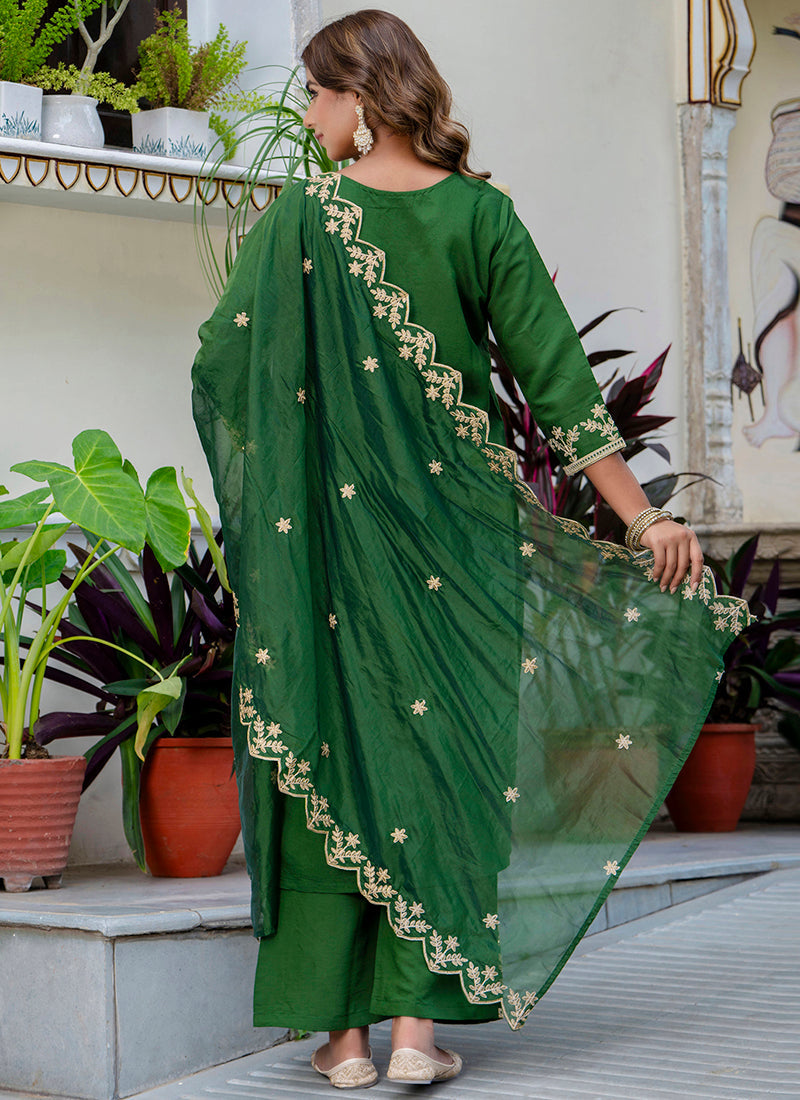 Vellora Silk Blend Dark Green Party Wear Embroidery Work Readymade Salwar Suit | Grocsy