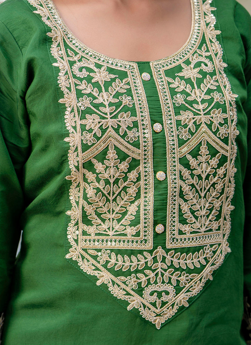 Vellora Silk Blend Dark Green Party Wear Embroidery Work Readymade Salwar Suit | Grocsy
