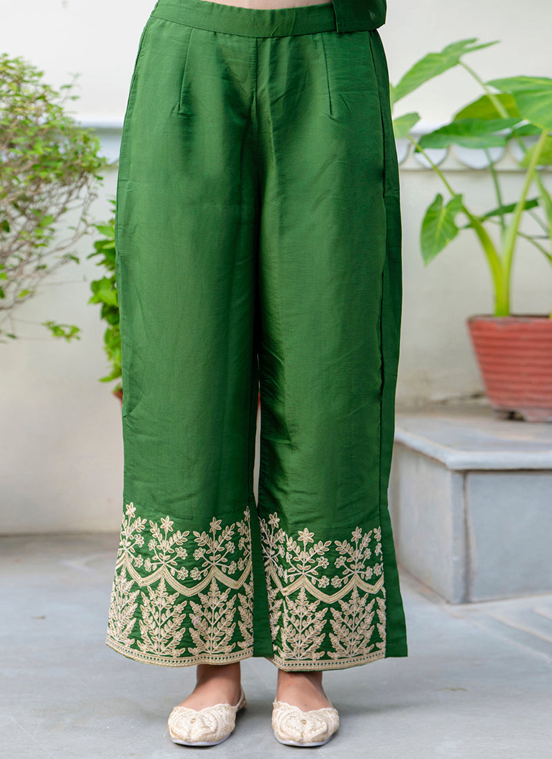 Vellora Silk Blend Dark Green Party Wear Embroidery Work Readymade Salwar Suit | Grocsy