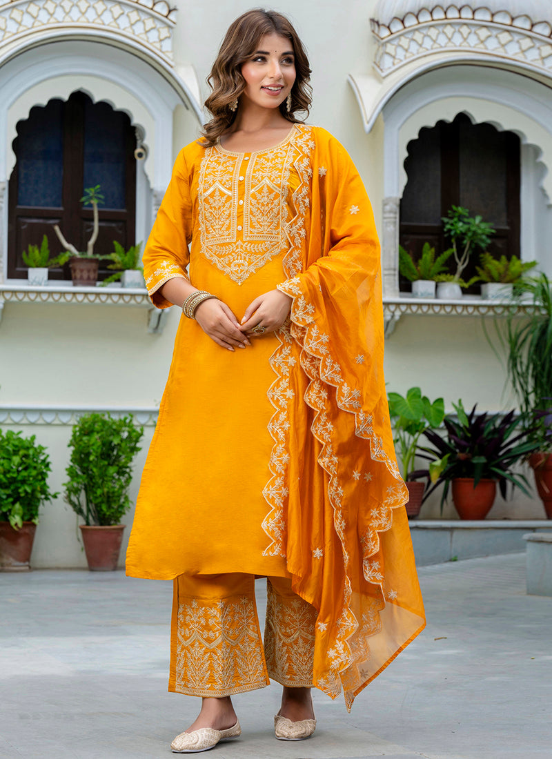Vellora Silk Blend Mustard Party Wear Embroidery Work Readymade Salwar Suit | Grocsy