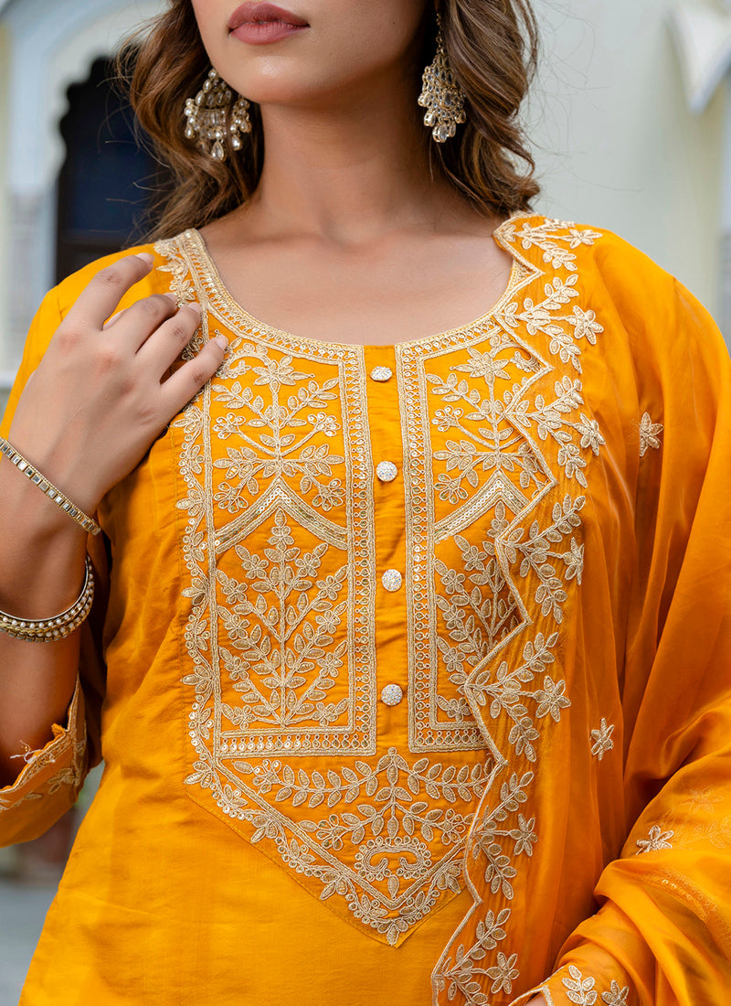 Vellora Silk Blend Mustard Party Wear Embroidery Work Readymade Salwar Suit | Grocsy