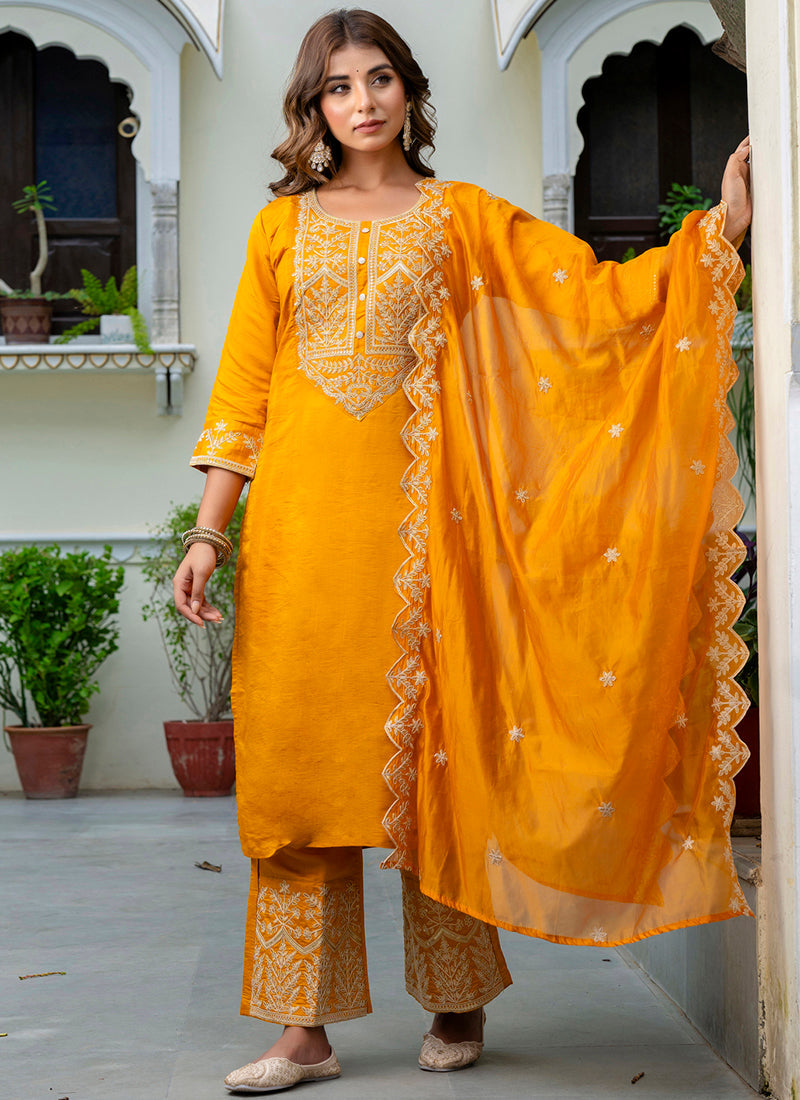 Vellora Silk Blend Mustard Party Wear Embroidery Work Readymade Salwar Suit | Grocsy