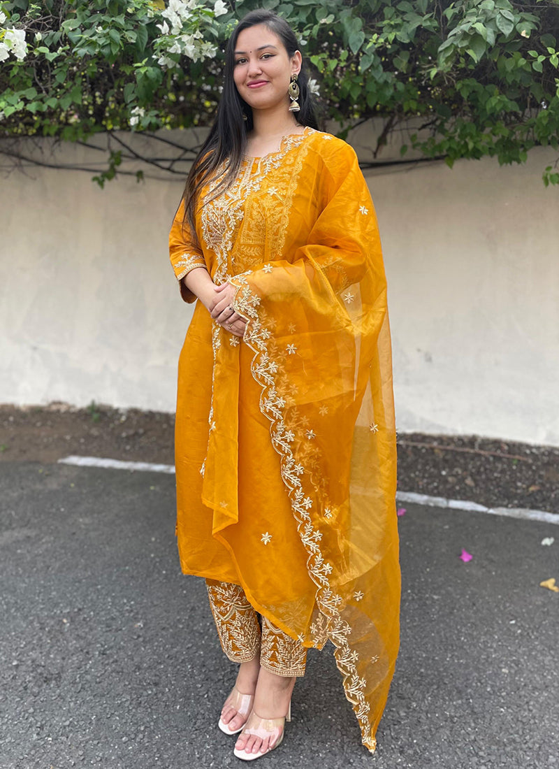 Vellora Silk Blend Mustard Party Wear Embroidery Work Readymade Salwar Suit | Grocsy