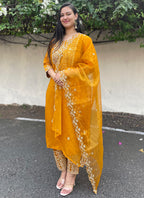 Vellora Silk Blend Mustard Party Wear Embroidery Work Readymade Salwar Suit | Grocsy