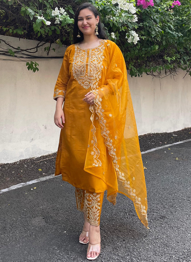 Vellora Silk Blend Mustard Party Wear Embroidery Work Readymade Salwar Suit | Grocsy