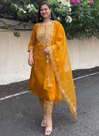 Vellora Silk Blend Mustard Party Wear Embroidery Work Readymade Salwar Suit | Grocsy