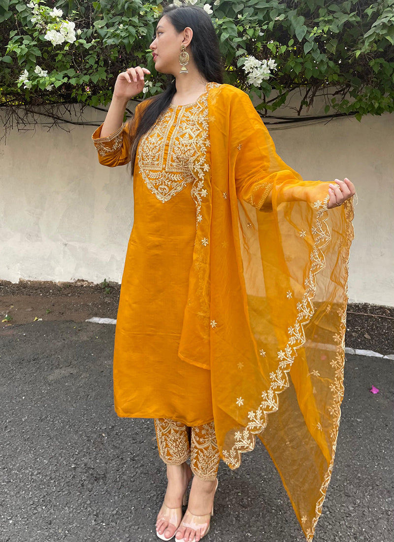 Vellora Silk Blend Mustard Party Wear Embroidery Work Readymade Salwar Suit | Grocsy