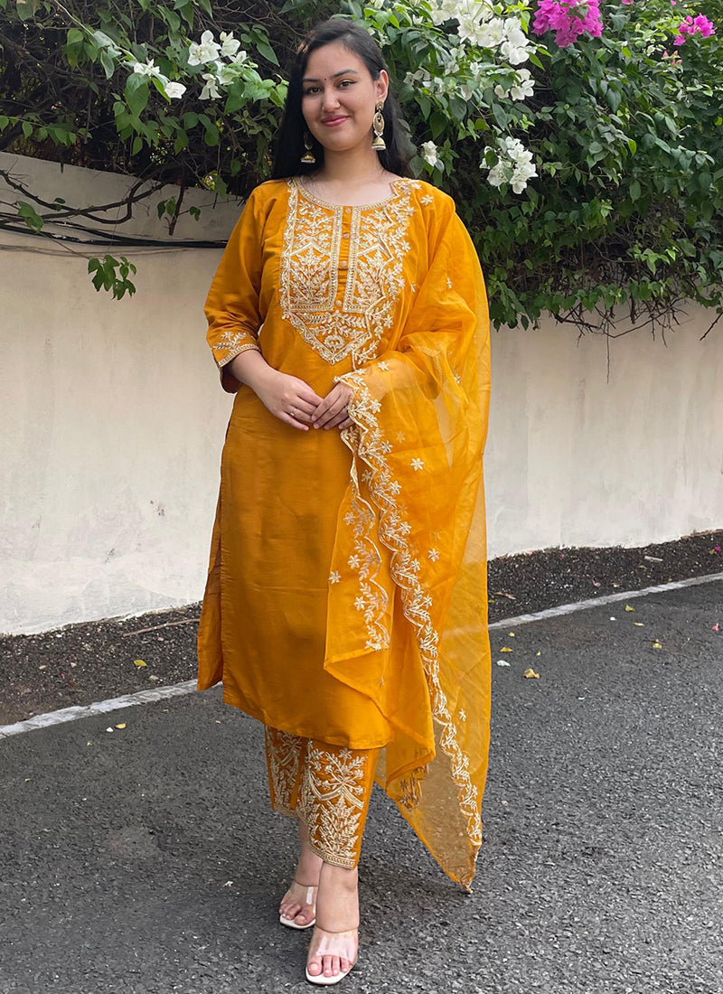 Vellora Silk Blend Mustard Party Wear Embroidery Work Readymade Salwar Suit | Grocsy
