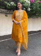 Vellora Silk Blend Mustard Party Wear Embroidery Work Readymade Salwar Suit | Grocsy