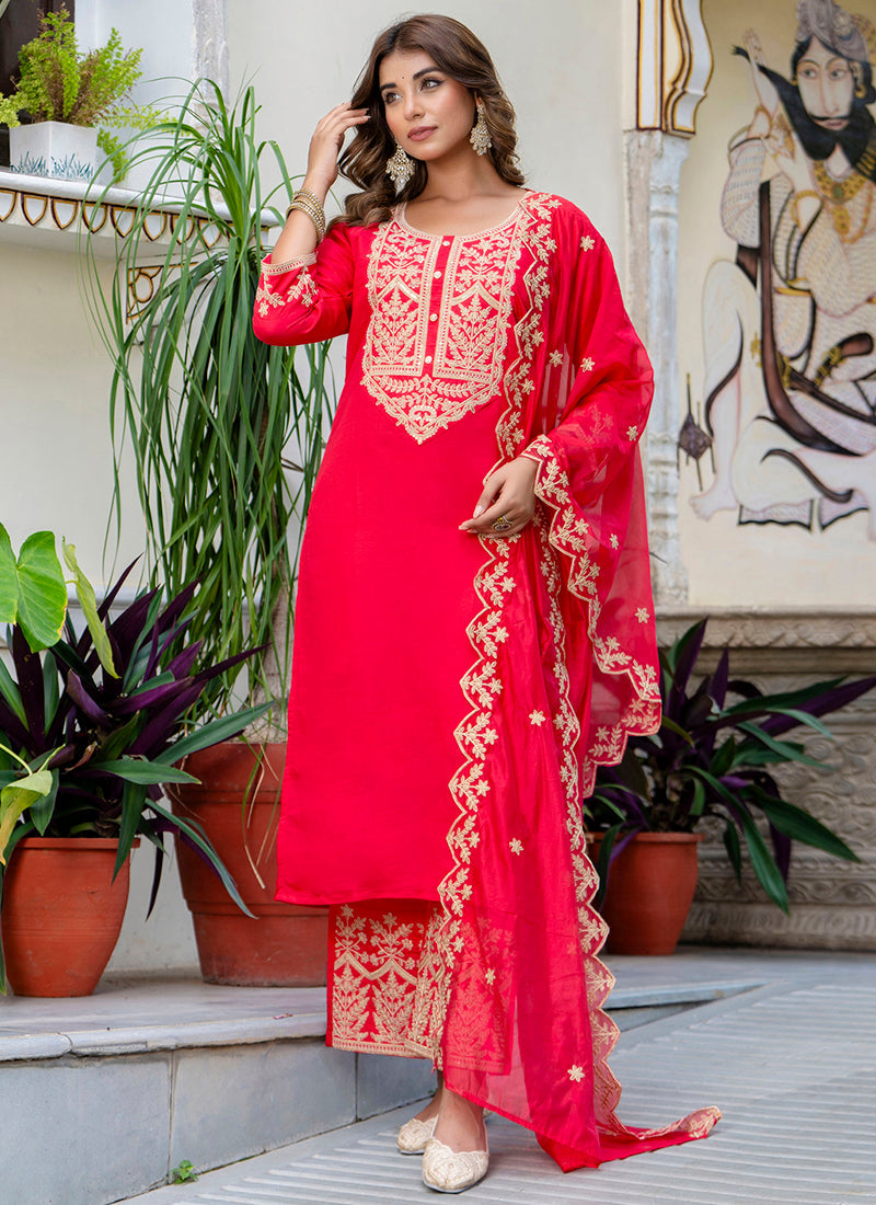 Vellora Silk Blend Pink Party Wear Embroidery Work Readymade Salwar Suit | Grocsy