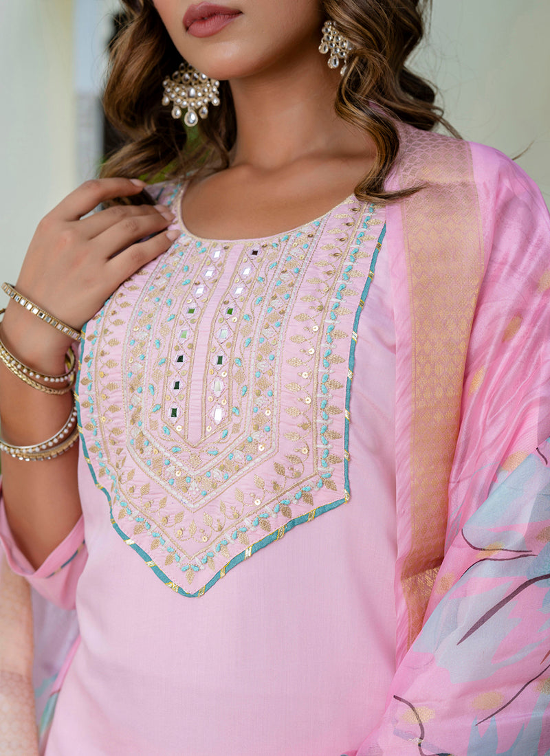 Vellora Silk Blend Baby Pink Party Wear Embroidery Work Readymade Salwar Suit | Grocsy