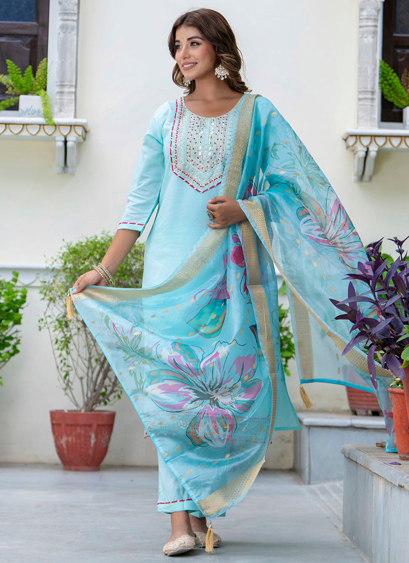Vellora Silk Blend Sky Blue Party Wear Embroidery Work Readymade Salwar Suit | Grocsy
