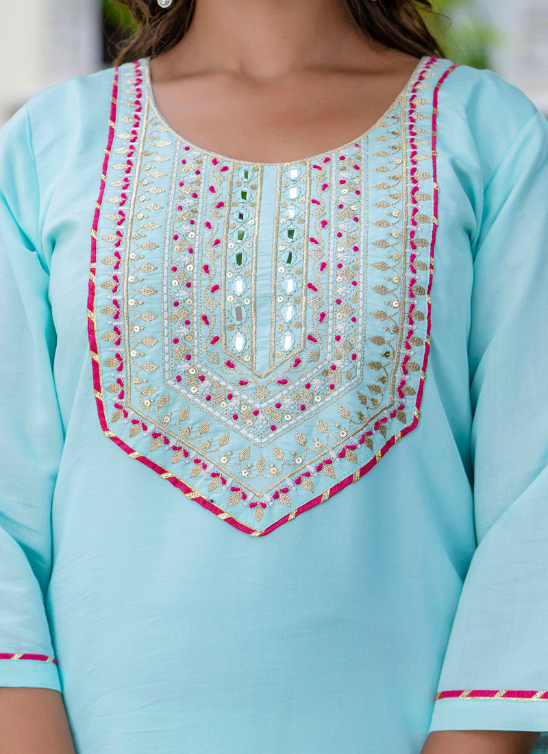 Vellora Silk Blend Sky Blue Party Wear Embroidery Work Readymade Salwar Suit | Grocsy