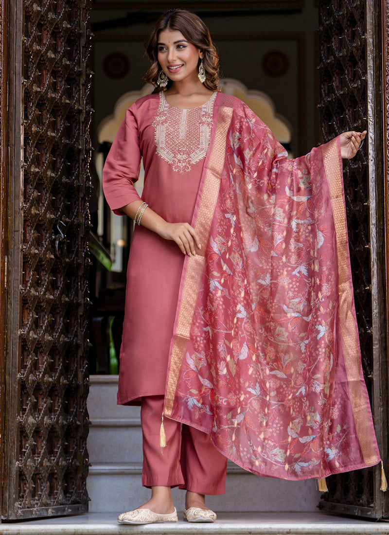 Vellora Silk Blend Dusty Rose Party Wear Embroidery Work Readymade Salwar Suit | Grocsy