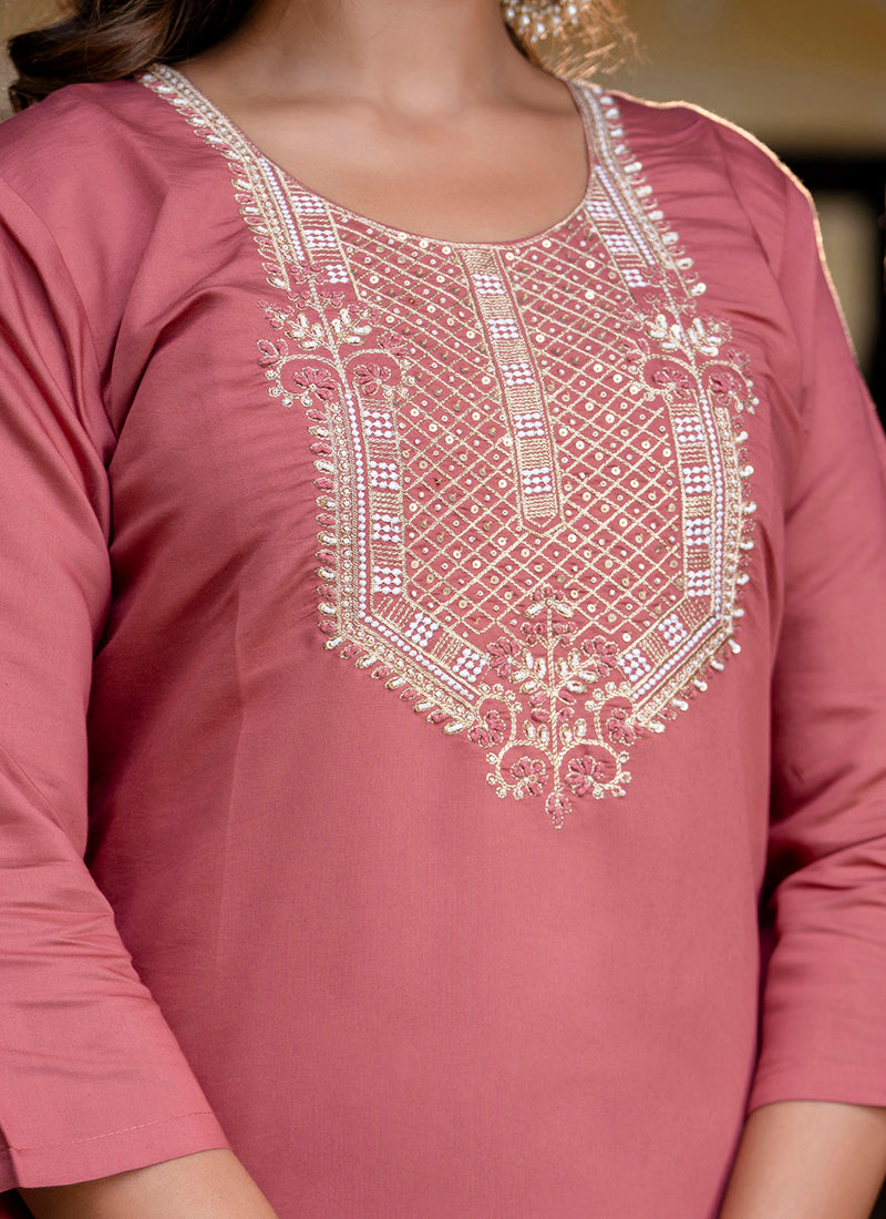 Vellora Silk Blend Dusty Rose Party Wear Embroidery Work Readymade Salwar Suit | Grocsy