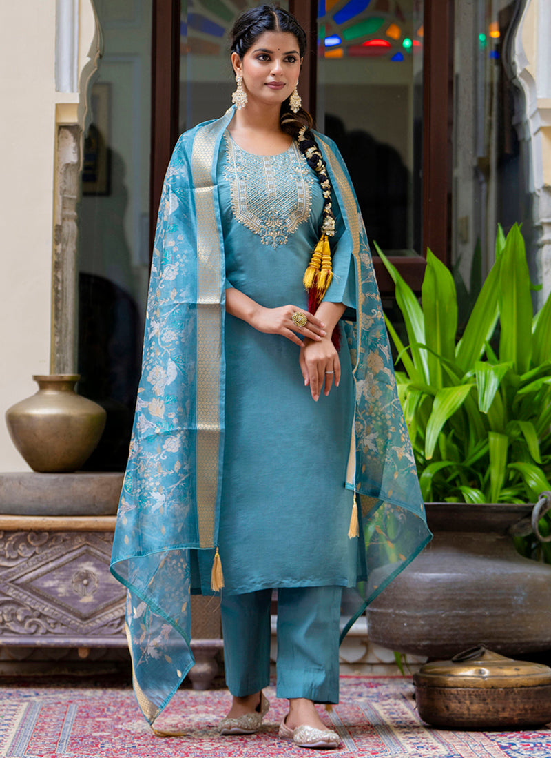 Vellora Silk Blend Blue Party Wear Embroidery Work Readymade Salwar Suit | Grocsy
