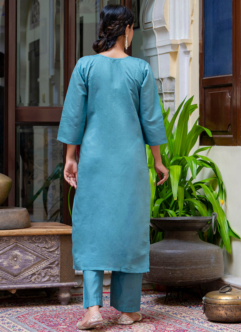 Vellora Silk Blend Blue Party Wear Embroidery Work Readymade Salwar Suit | Grocsy