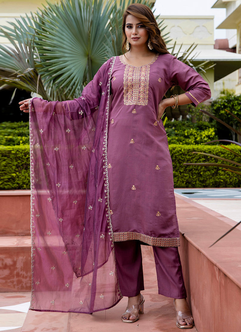Vellora Silk Blend Lavender Occasional Wear Embroidery Work Readymade Salwar Suit | Grocsy