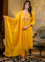 Vellora Silk Blend Mustard Occasional Wear Embroidery Work Readymade Salwar Suit | Grocsy