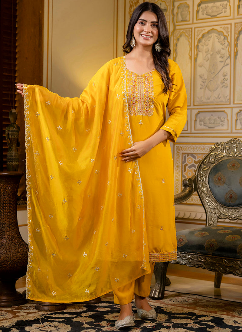 Vellora Silk Blend Mustard Occasional Wear Embroidery Work Readymade Salwar Suit | Grocsy