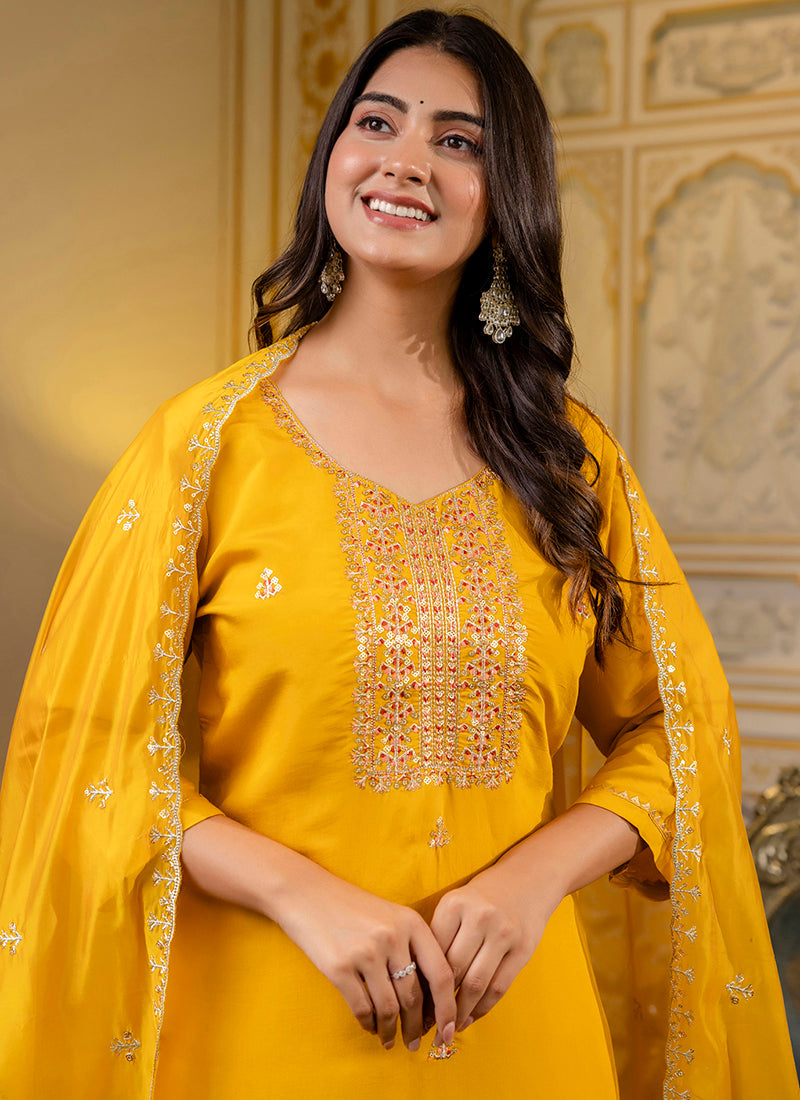 Vellora Silk Blend Mustard Occasional Wear Embroidery Work Readymade Salwar Suit | Grocsy