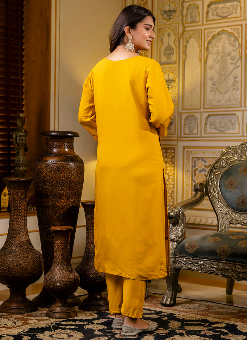 Vellora Silk Blend Mustard Occasional Wear Embroidery Work Readymade Salwar Suit | Grocsy