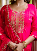 Vellora Silk Blend Hot Pink Occasional Wear Embroidery Work Readymade Salwar Suit | Grocsy