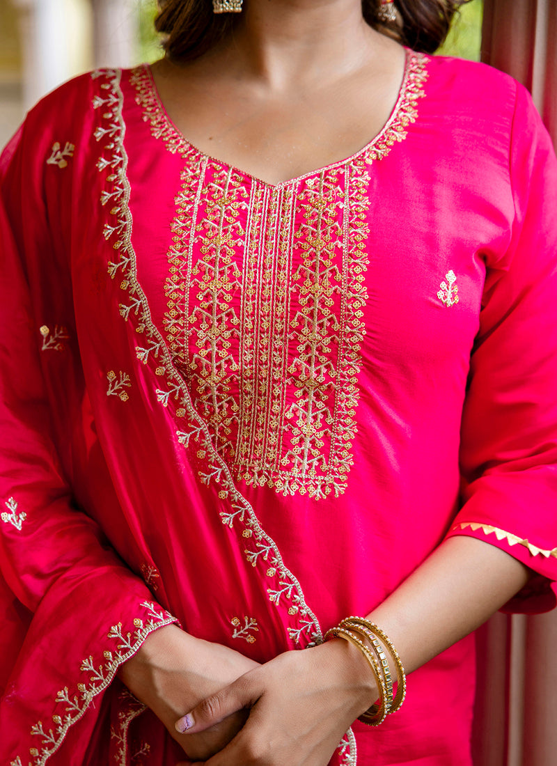 Vellora Silk Blend Hot Pink Occasional Wear Embroidery Work Readymade Salwar Suit | Grocsy
