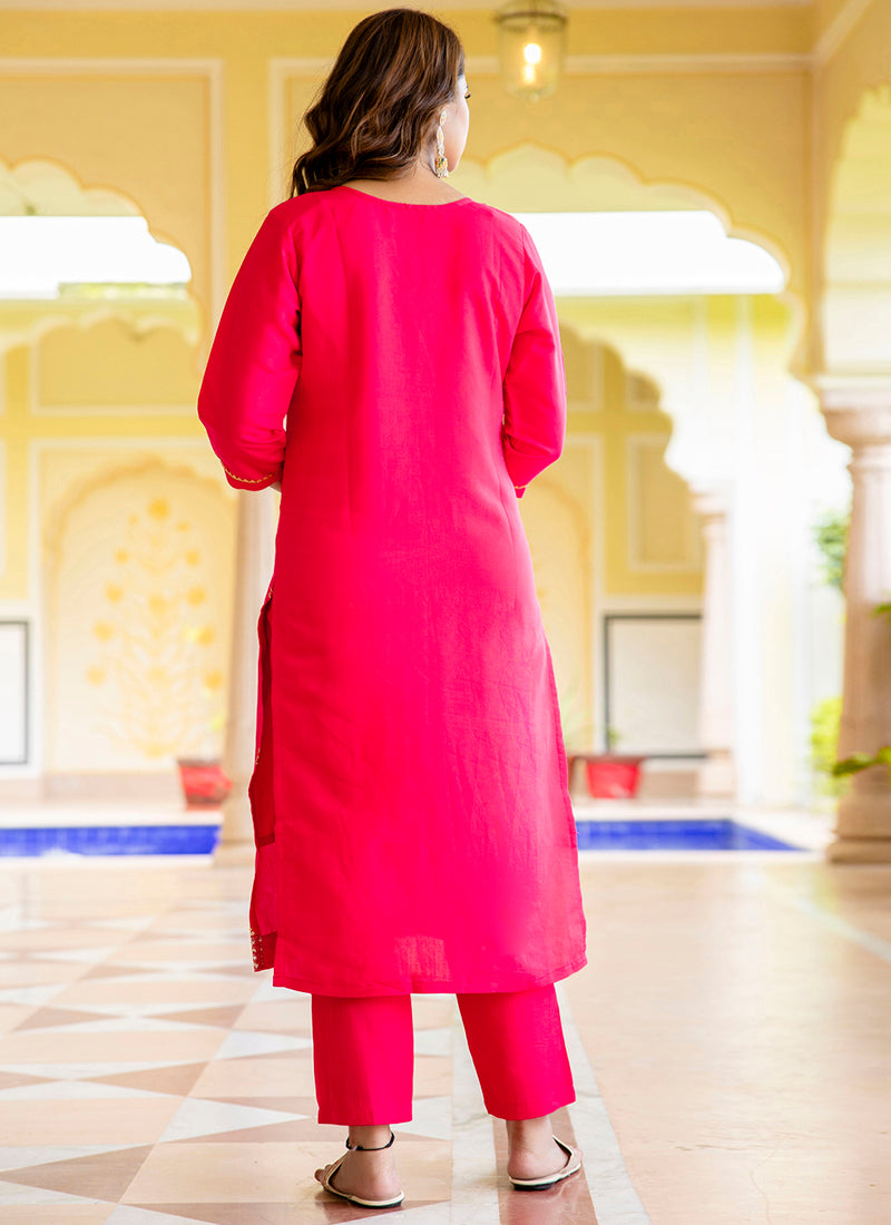 Vellora Silk Blend Hot Pink Occasional Wear Embroidery Work Readymade Salwar Suit | Grocsy