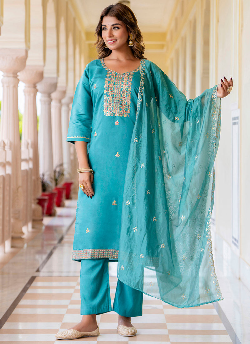 Vellora Silk Blend Blue Occasional Wear Embroidery Work Readymade Salwar Suit | Grocsy