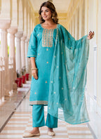 Vellora Silk Blend Blue Occasional Wear Embroidery Work Readymade Salwar Suit | Grocsy