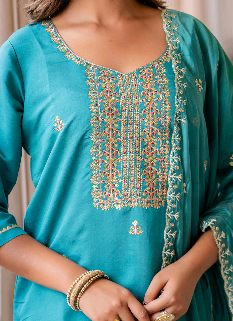 Vellora Silk Blend Blue Occasional Wear Embroidery Work Readymade Salwar Suit | Grocsy