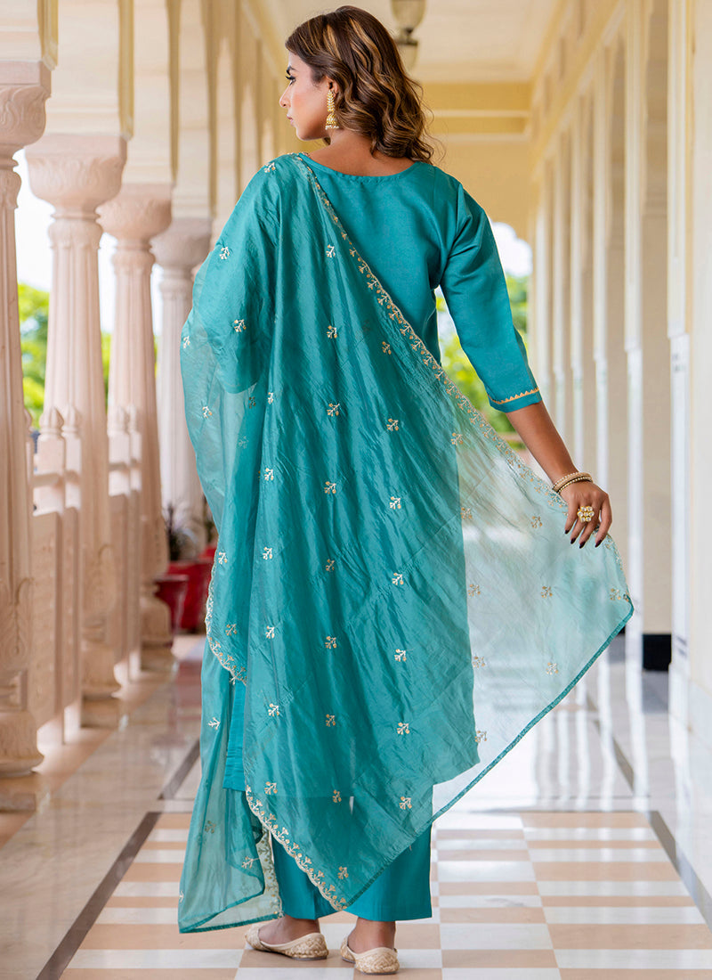 Vellora Silk Blend Blue Occasional Wear Embroidery Work Readymade Salwar Suit | Grocsy