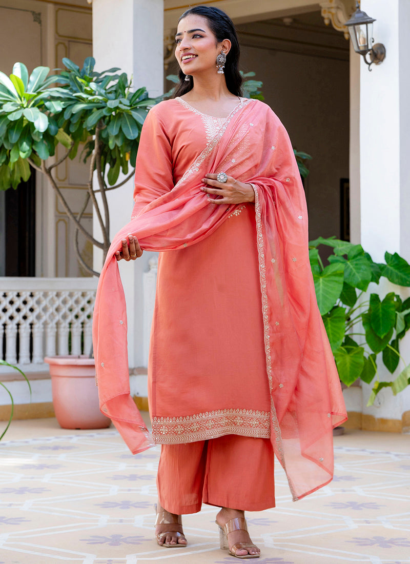 Vellora Silk Blend Peach Casual Wear Embroidery Work Readymade Salwar Suit | Grocsy