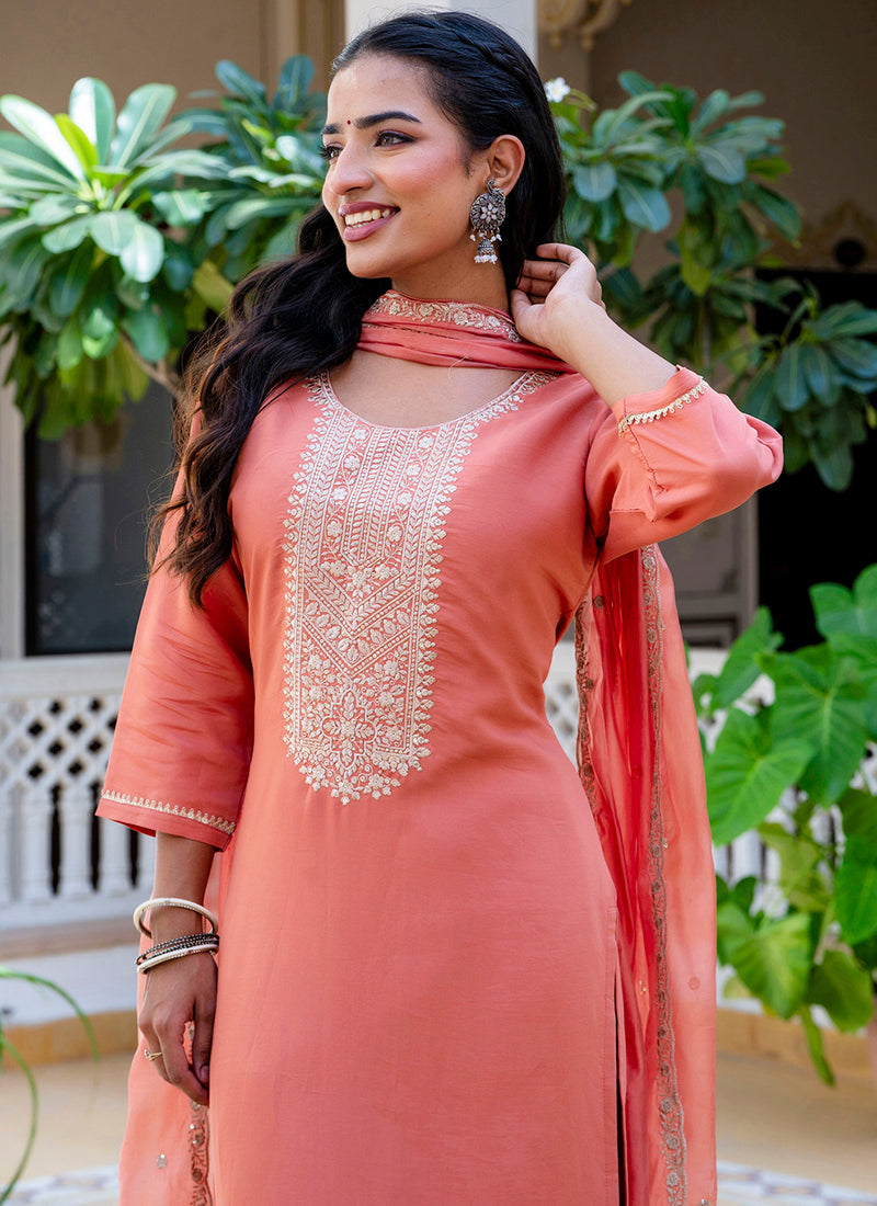 Vellora Silk Blend Peach Casual Wear Embroidery Work Readymade Salwar Suit | Grocsy