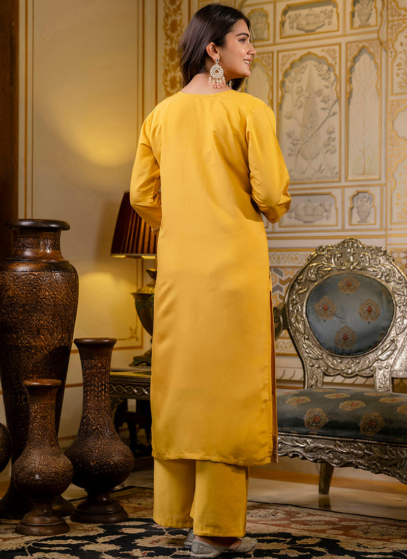 Vellora Silk Blend Yellow Casual Wear Embroidery Work Readymade Salwar Suit | Grocsy