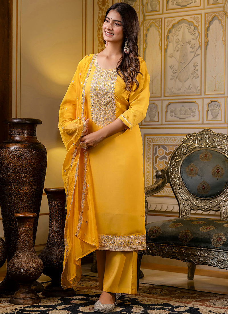 Vellora Silk Blend Yellow Casual Wear Embroidery Work Readymade Salwar Suit | Grocsy