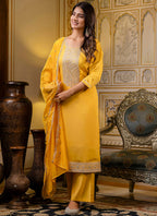 Vellora Silk Blend Yellow Casual Wear Embroidery Work Readymade Salwar Suit | Grocsy