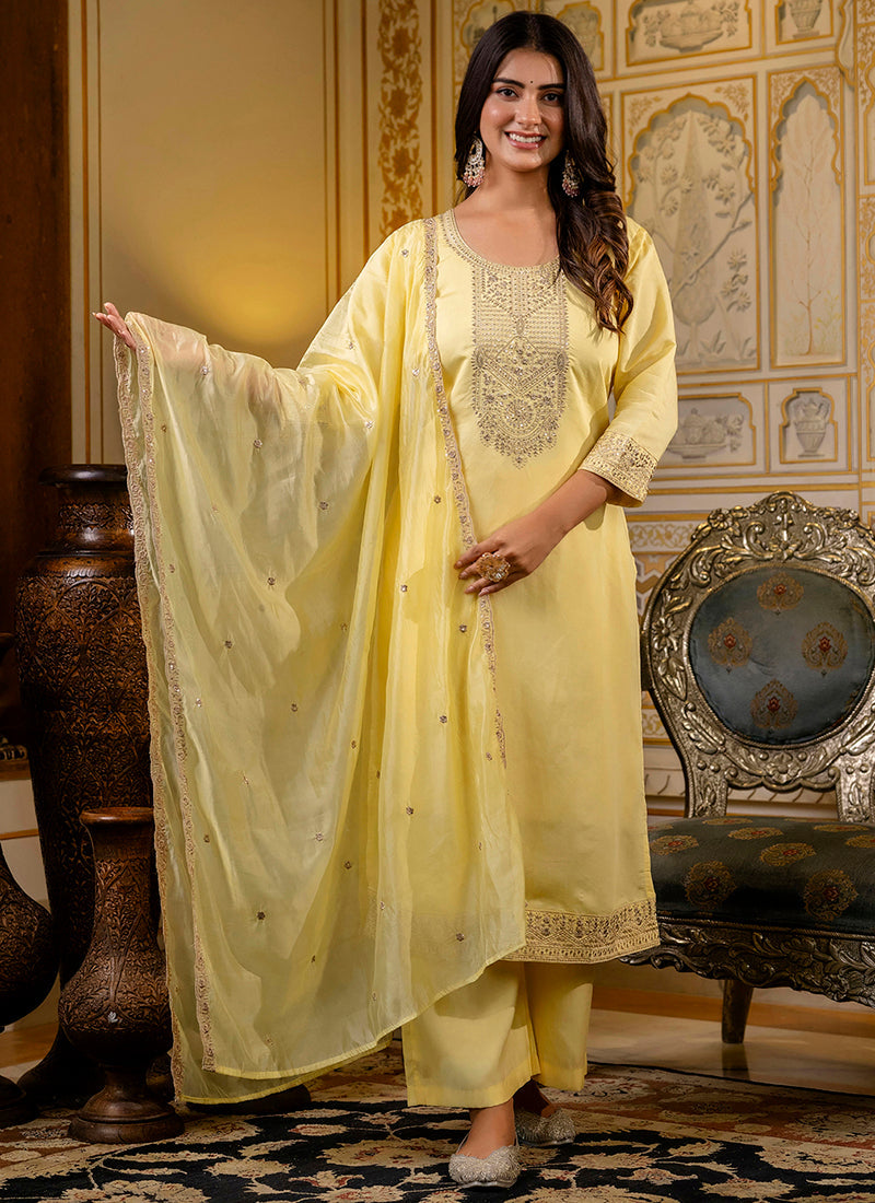 Vellora Silk Blend Light Yellow Casual Wear Embroidery Work Readymade Salwar Suit | Grocsy