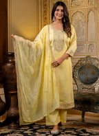 Vellora Silk Blend Light Yellow Casual Wear Embroidery Work Readymade Salwar Suit | Grocsy